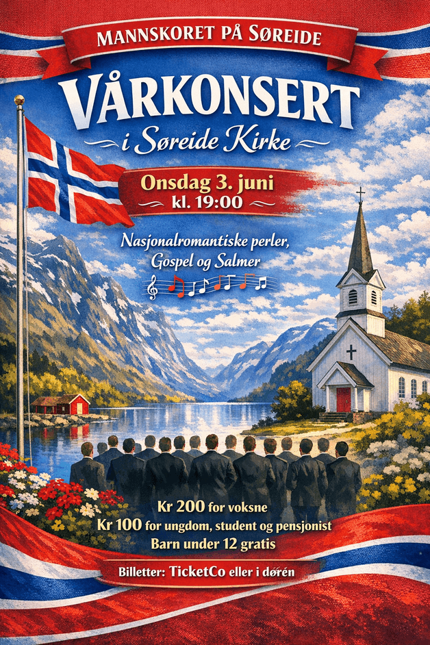 Vårkonserten med Mannskoret på Søreide 3. juni kl 1900 i Søreide kirke